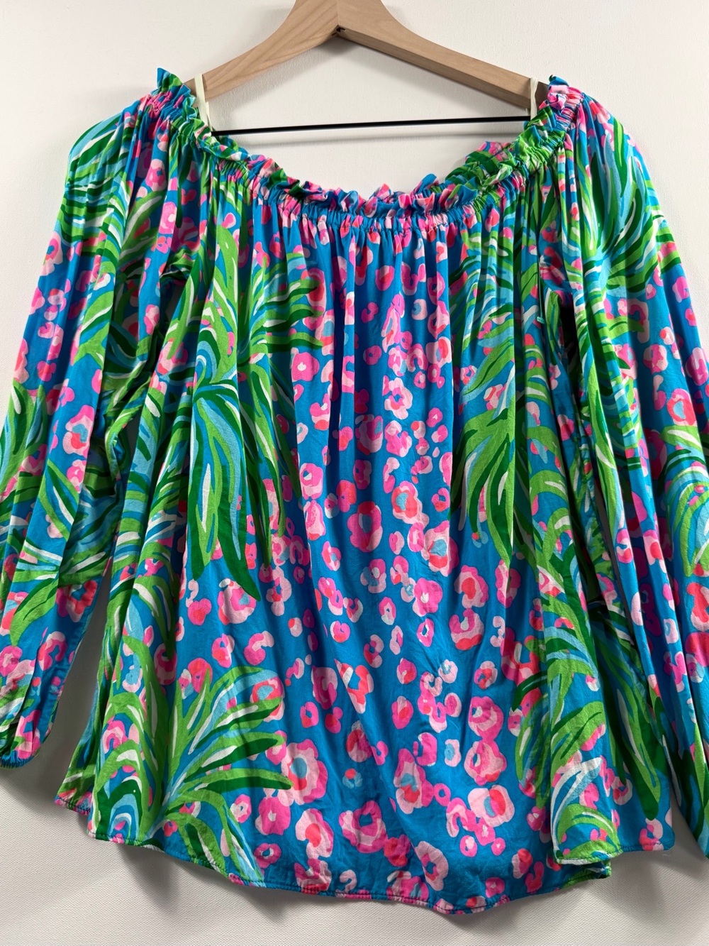 Lilly Pulitzer Off Shoulder Tropical Palm Print Peasant Blouse M Coastal Resort